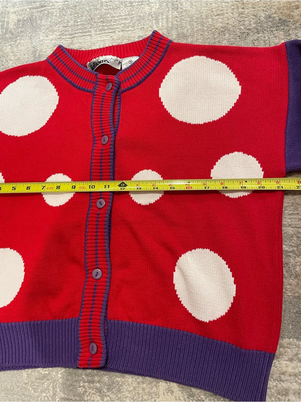Vintage Idioms Cardigan Sweater Twee Circles Stripes Red & Purple Size Medium - Picture 6 of 8